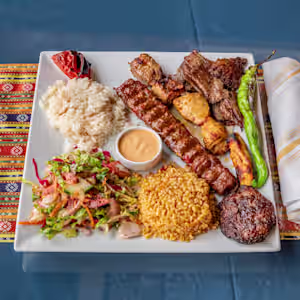 Mixed grilled platter small(chicken kebab, beef kebab, mincemeat, kebab, spicy wings, salad, fries and plain rice